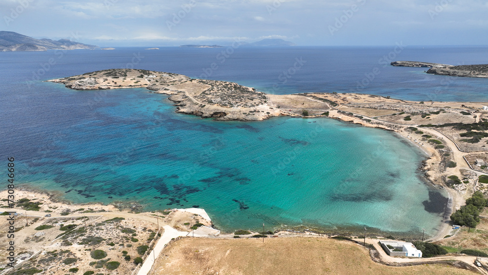 Aerial drone photo of paradise beach of Almiros in small island of Schoinousa, Small Cyclades, Greece