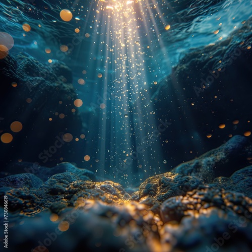 Vista submarina acantilado, fondo del mar, colores azulados y dorados, entrada de luz solar, brillo partículas arenosas, sumergidos, buceo, viajes con encanto, introspección, interior, reflexión, ecos photo