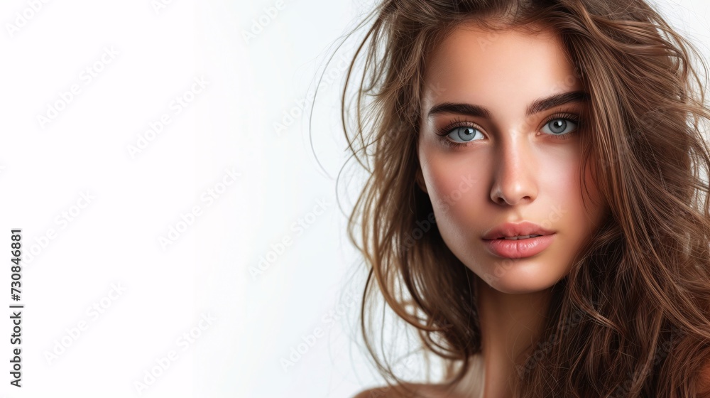 A youthful brunette female standing alone against a white backdrop. A youthful brunette female standing alone against a white backdrop.