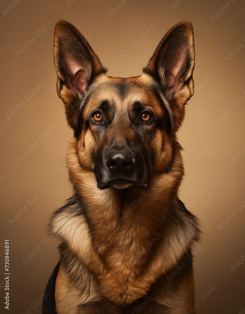 A regal german shepherd stands proudly against a wall, showcasing its strong snout and intelligent gaze as a symbol of loyalty and protection