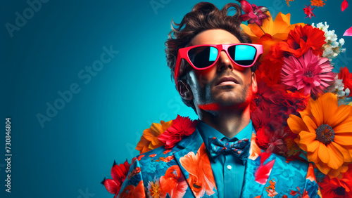 Modern pop art portrait of handsome man male in red sunglasses wearing colorful jacket on minimal blue floral background with copy space for text. Contemporary drawing painting poster
