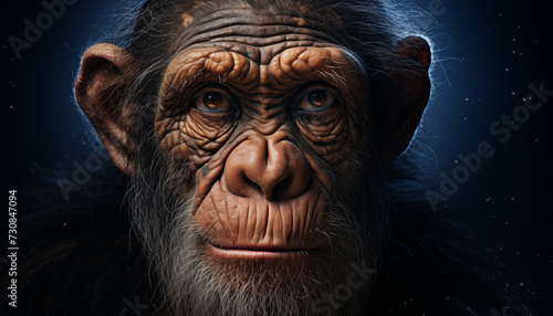 A wise and curious great ape gazes into the lens  its wrinkled face a reflection of its ancient mammalian lineage