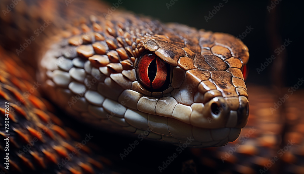 A fierce elapidae serpent stares intensely, its scaled reptile face camouflaged among the outdoor brown hues of its terrestrial habitat A fierce elapidae serpent stares intensely, its scaled reptile face camouflaged among the outdoor brown hues of its terrestrial habitat