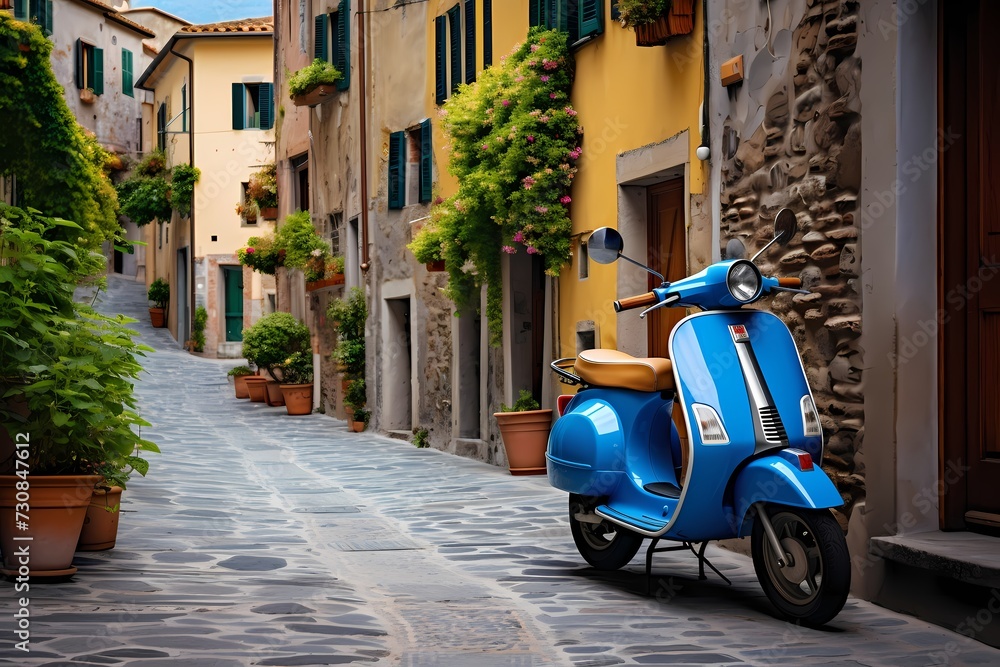 Whimsical charm of a blue scooter parked on a cobblestone lane in an Italian village, surrounded by vibrant facades and the ambiance of a serene day