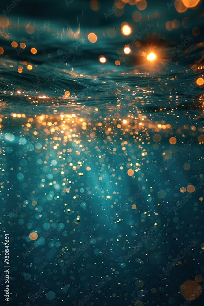 Naklejka premium Dos mundos superficie y mar adentro, colores azulados y dorados, entrada de luz solar, brillo partículas arenosas, turquesa, aguamarina, excursión con encanto, viaje interior, saber, ecosistema, agua