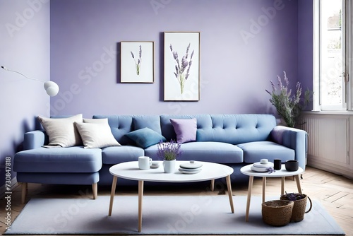 Scandinavian chic with a sky blue sofa and a white coffee table in a room with a blank lavender wall. © Tae-Wan