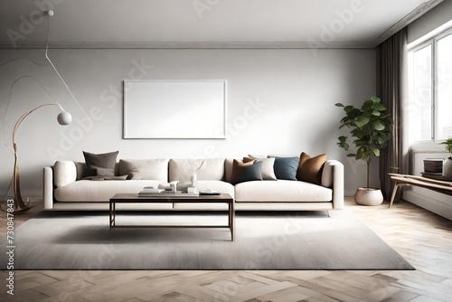 Indulge in the contemporary elegance of this living room  where a minimalist sofa  an empty wall mockup  and a white blank frame offer a canvas for personal expression.