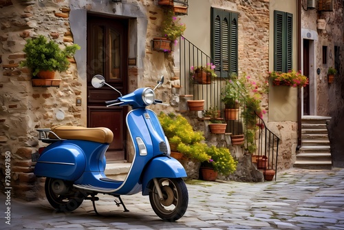 Whimsical charm of a blue scooter parked on a cobblestone lane in an Italian village, surrounded by vibrant facades and the ambiance of a serene day