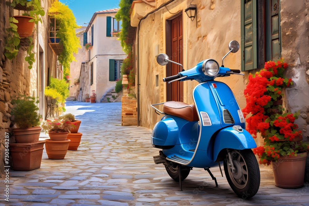 Whimsical charm of a blue scooter parked on a cobblestone lane in an Italian village, surrounded by vibrant facades and the ambiance of a serene day