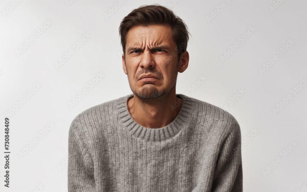 Portrait of a dark-haired man whose facial expression expresses hostility and thoughtfulness at the same time Portrait of a dark-haired man whose facial expression expresses hostility and thoughtfulness at the same time