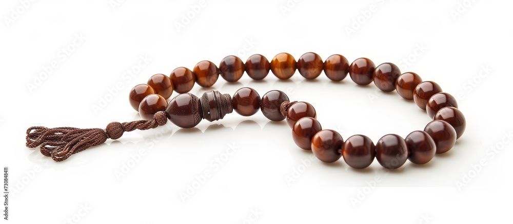 A creative brown wooden bead rosary with a tassel, a natural material jewelry making craft, on a white background. A creative brown wooden bead rosary with a tassel, a natural material jewelry making craft, on a white background.