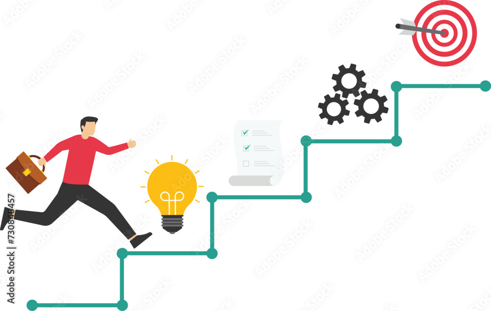 Project Manager Ladder Project management, concept banner. Confident businessman climbs the ...