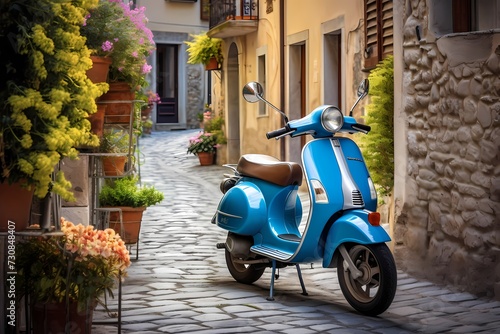 Whimsical charm of a blue scooter parked on a cobblestone lane in an Italian village  surrounded by vibrant facades and the ambiance of a serene day