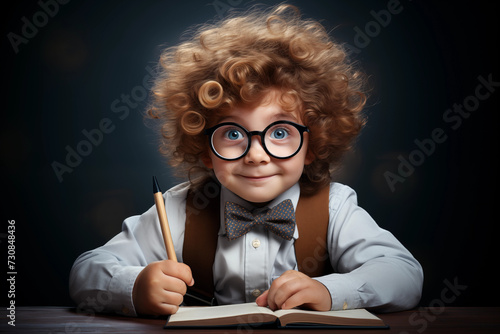 Little genious with curly brown hair and glasses in a bow tie and shirt, sitting at a desk holding a pen. On a dark background.