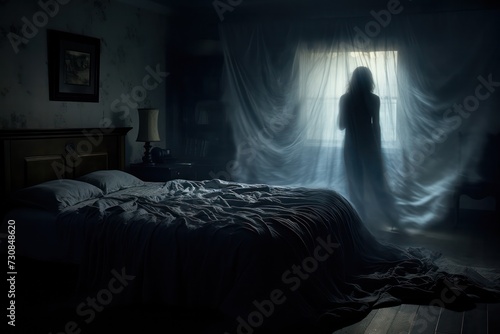 paranormal activity dark poster. Ghost in haunted house. Depression and mental health issues awareness. Darkness inside.