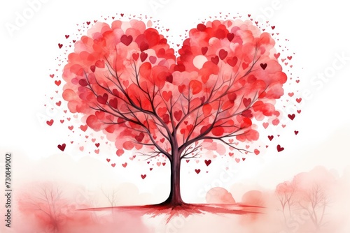 tree with red painted hearts as leaves foliage watercolor illustration. Valentines day romantic card.