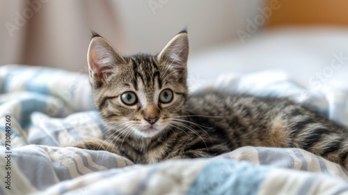 Cute little kitten on bed. Caring for pets, pet from the shelter for animals © Artem