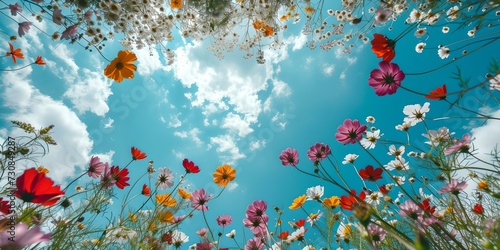 Vibrant blossoms reach towards blue sky, inviting freshness and growth, a symbol of spring's beauty. AI