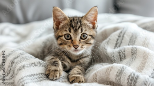 Cute little kitten on bed. Caring for pets, pet from the shelter for animals