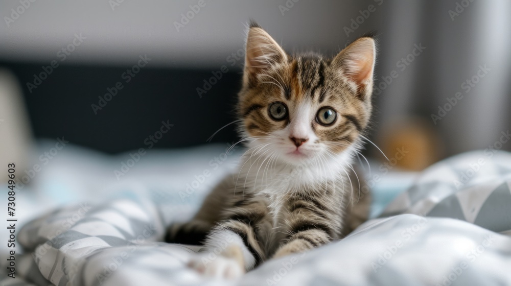 Cute little kitten on bed. Caring for pets, pet from the shelter for animals Cute little kitten on bed. Caring for pets, pet from the shelter for animals