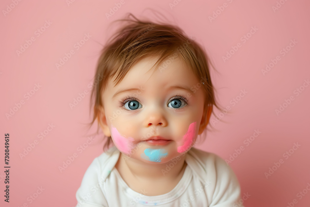 Baby with Painted Cheeks, Creative Infant Portrait, Playful Baby with Blue Eyes, portrait of a little girl Baby with Painted Cheeks, Creative Infant Portrait, Playful Baby with Blue Eyes, portrait of a little girl