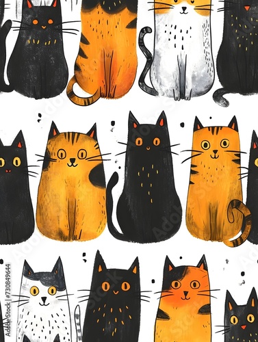 seamless pattern with simple cute cat illustration black and yellow theme color