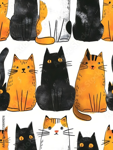 seamless pattern with cute cat simple drawing  illustration 