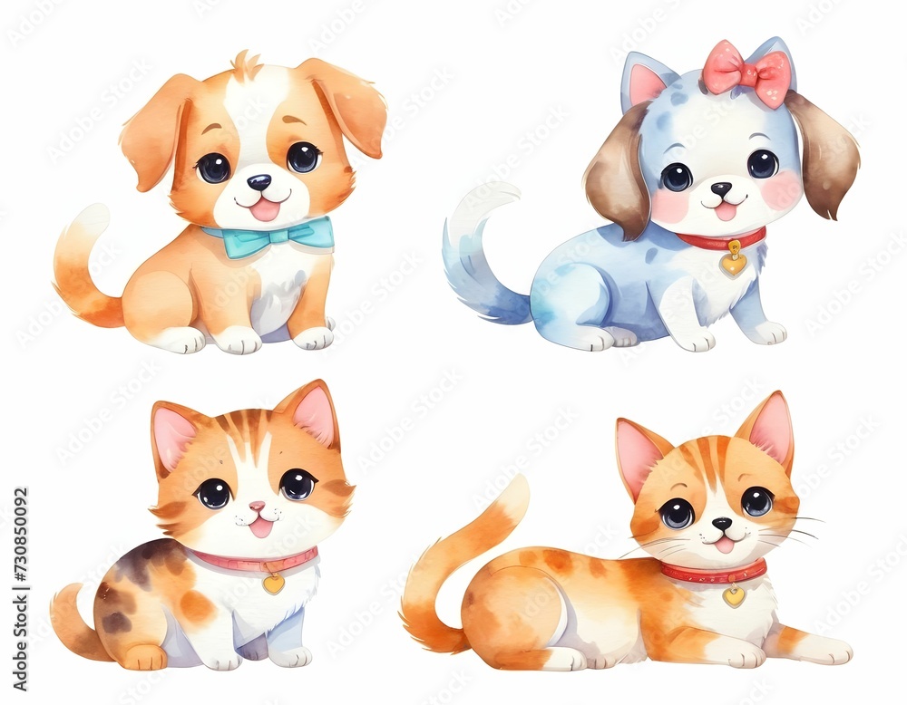 Fototapeta premium kawaii kittens and puppies. In watercolor style. Objects on a white background
