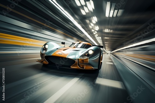 Cinematic shot of a racing car's sleek design as it races down the straightaway, leaving competitors behind in a blur