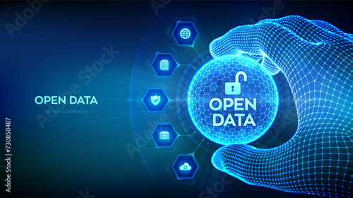 Open data database. Digital file storage system software. DMS. Integration API. Online documentation database concept in the shape of sphere with hexagon pattern in wireframe hand. Vector illustration