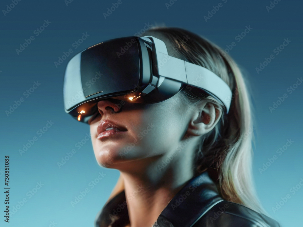woman testing wearing a VR headset and interacting with virtual reality, simulation and metaverse concept. High quality photo woman testing wearing a VR headset and interacting with virtual reality, simulation and metaverse concept. High quality photo