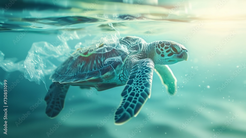 Fototapeta premium World turtle day and Ocean environmental day. Turtle with plastic in the water. Save sea, plastic pollution. Climate change