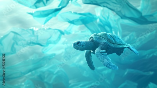 World turtle day and Ocean environmental day. Turtle with plastic in the water. Save sea, plastic pollution. Climate change
