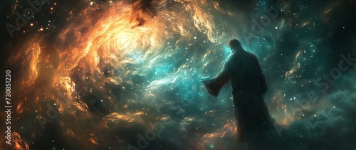 Silhouette of Jesus Christ open the heaven portal. Religion astral spirituality concept. Generative AI technology. photo