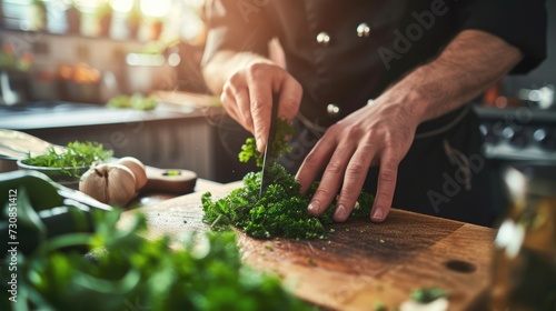 chef cook cutting fresh green herbs photo