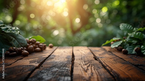 Empty wooden table in a coffee tree farm with a sunny, blur garden background with a country outdoor theme. Template mockup for the display of the product. photo
