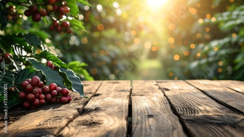 Empty wooden table in a coffee tree farm with a sunny, blur garden background with a country outdoor theme. Template mockup for the display of the product.