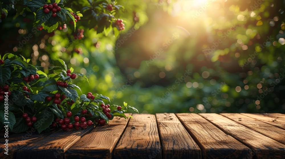 Empty wooden table in a coffee tree farm with a sunny, blur garden background with a country outdoor theme. Template mockup for the display of the product. Empty wooden table in a coffee tree farm with a sunny, blur garden background with a country outdoor theme. Template mockup for the display of the product.
