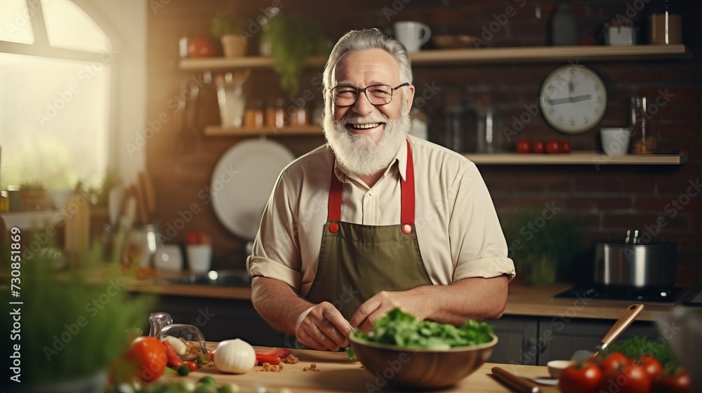 Happy elderly gray-haired man dishes and salads in the kitchen. The concept of retirement, people with hobbies. Happy elderly gray-haired man dishes and salads in the kitchen. The concept of retirement, people with hobbies.