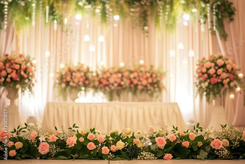 A stage with a curtain that says flowers on it 