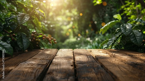 Empty wooden table in a coffee tree farm with a sunny  blur garden background with a country outdoor theme. Template mockup for the display of the product.