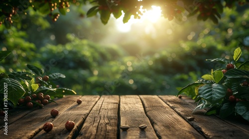 Empty wooden table in a coffee tree farm with a sunny, blur garden background with a country outdoor theme. Template mockup for the display of the product. © ND STOCK