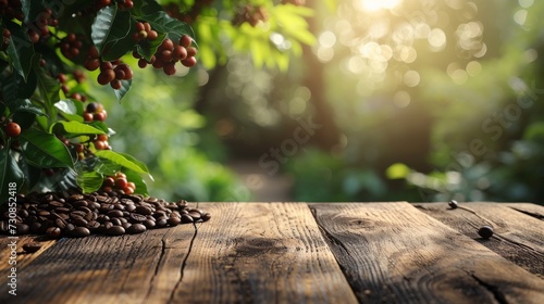 Empty wooden table in a coffee tree farm with a sunny, blur garden background with a country outdoor theme. Template mockup for the display of the product.