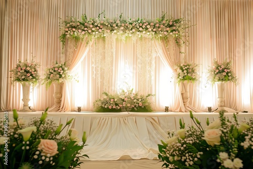 A stage with a curtain that says flowers on it 