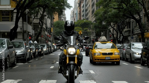 Against the backdrop of the city skyline, the motorcyclist effortlessly weaves through urban traffic with unmatched skill.