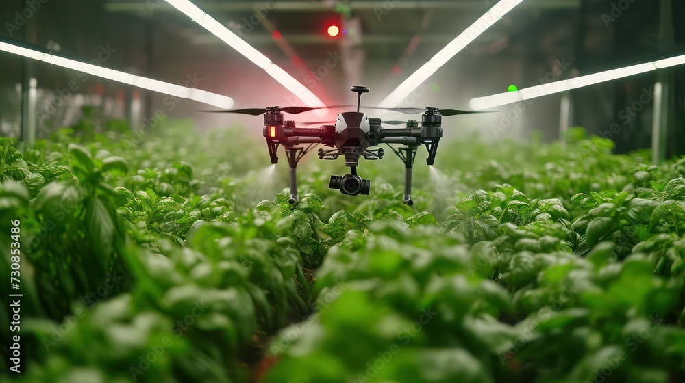 AI powered drone spraying pesticides over crops in indoor vertical farming hydroponics facility, Artificial intelligence automation in agriculture