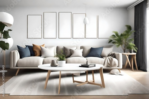 Immerse yourself in the simplicity of a modern living room  adorned with Scandinavian touches  an empty wall mockup  and a white blank frame as a focal point for personalization.