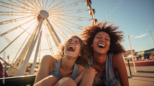 Two young women lying on a pier with a bright Ferris wheel in the background, making playful faces and shapes with their hands, embodying joy and carefree spirits © XaMaps