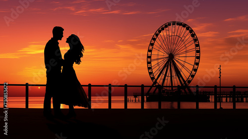 Sunset hues enhance a tender moment as a couple playfully dances near the ocean, with a vintage ferris wheel adorning the horizon
