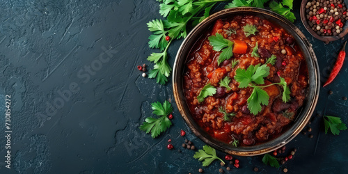 Classic Chili Con Carne in Rustic Bowl. Hearty bowl of chili con carne garnished with fresh parsley, spices and a chili pepper, on dark background.
